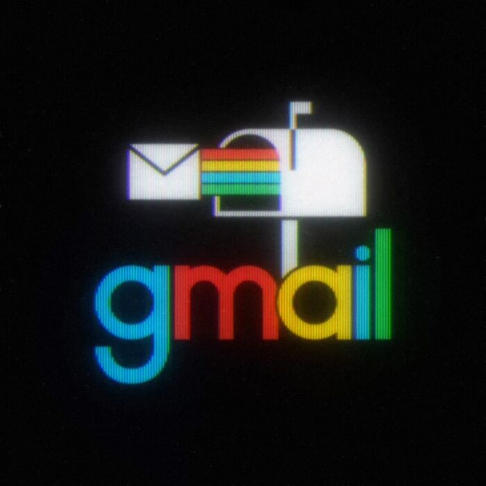 Retro 80s style Gmail logo with colorful rainbow accents and vintage mailbox design.