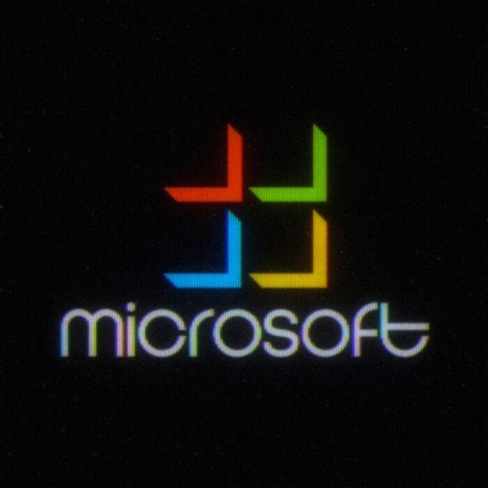 Retro 80s twist on Microsoft logo with geometric shapes and vintage styling, highlighting nostalgic design elements.