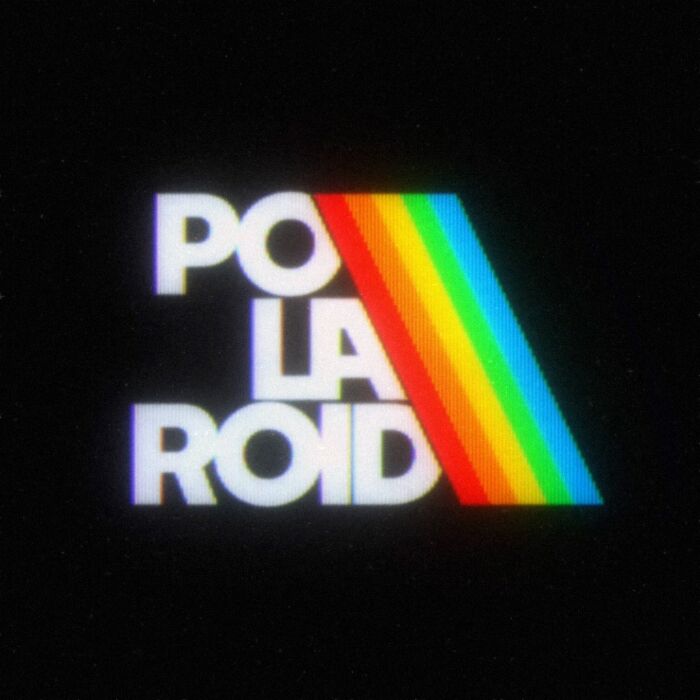 Retro 80s Polaroid logo with rainbow stripes on black background.