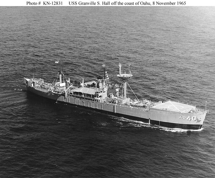USS Granville S. Hall at sea, part of weird government projects, off Oahu, 1965.
