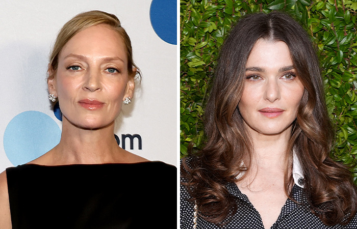 Uma Thurman and Rachel Weisz showcasing the impact of plastic surgery, with one wearing a black outfit and the other a polka dot shirt.