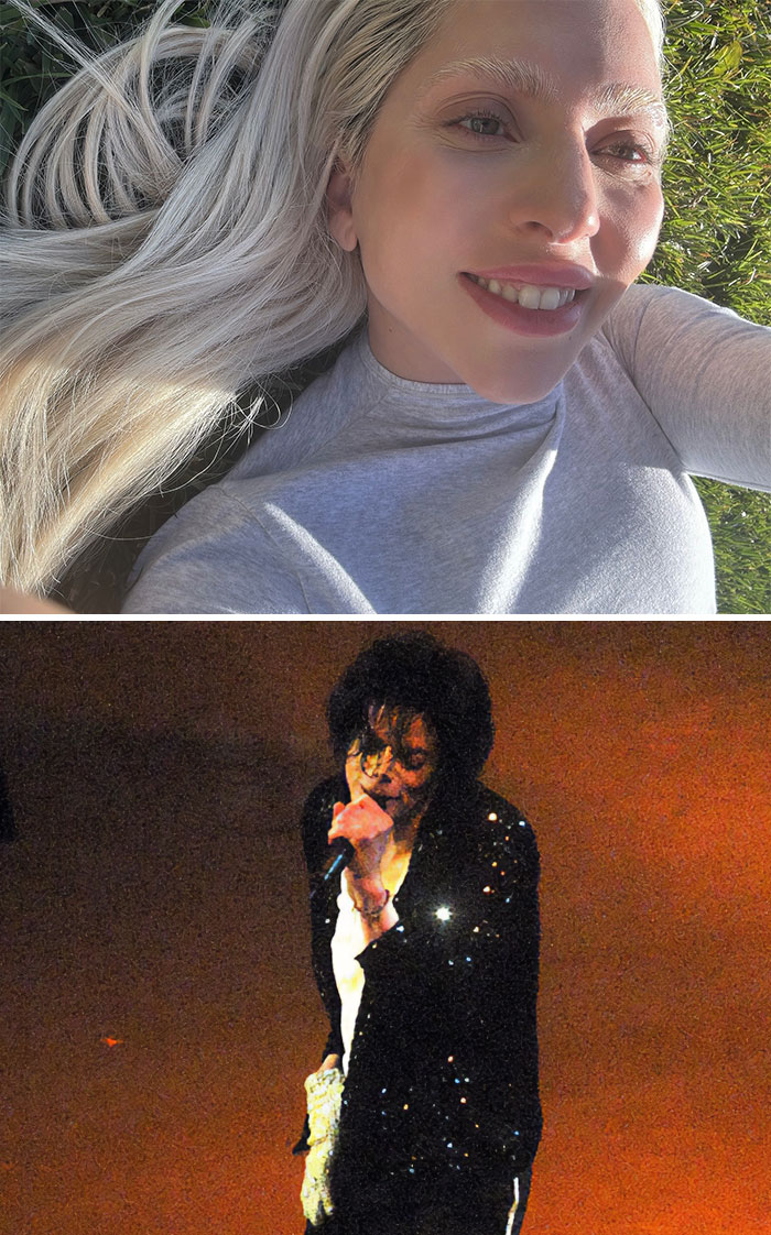 "Two celebrities captured in different moments: one lying on grass, another performing on stage."