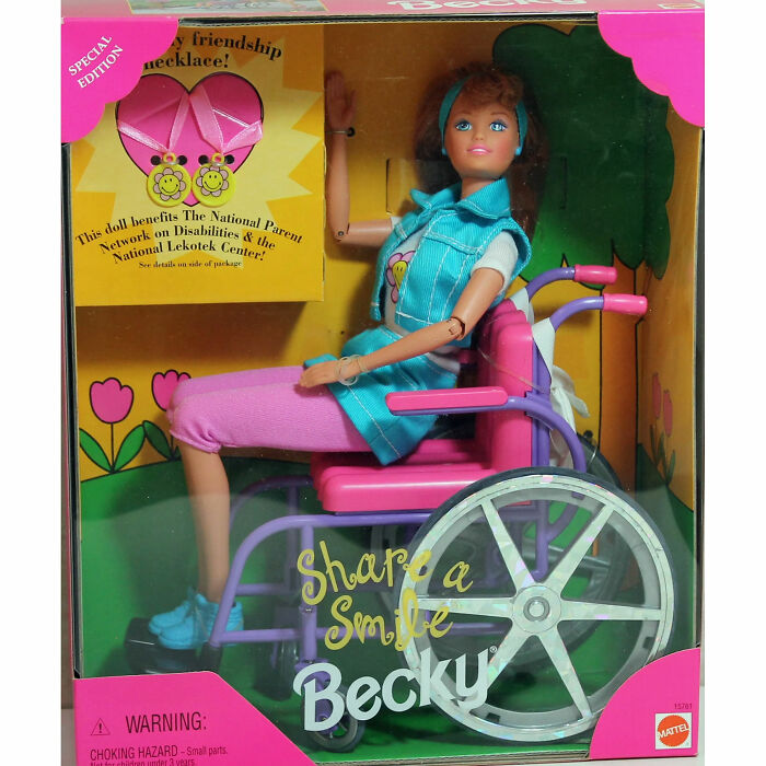 "Becky doll in wheelchair from the special edition, promoting inclusivity with a friendship necklace."