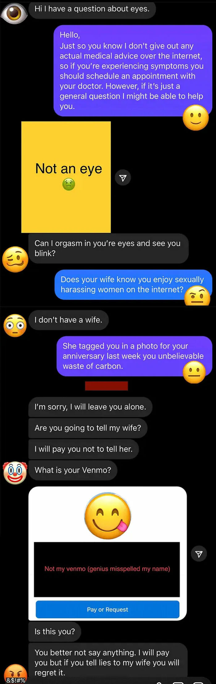Screenshot of chat exchange with woman confronting creepy DMs.