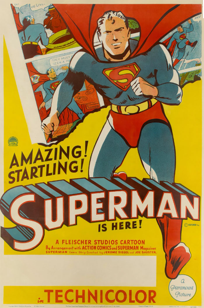 Superman cartoon poster featuring the superhero in action with text highlighting his arrival.