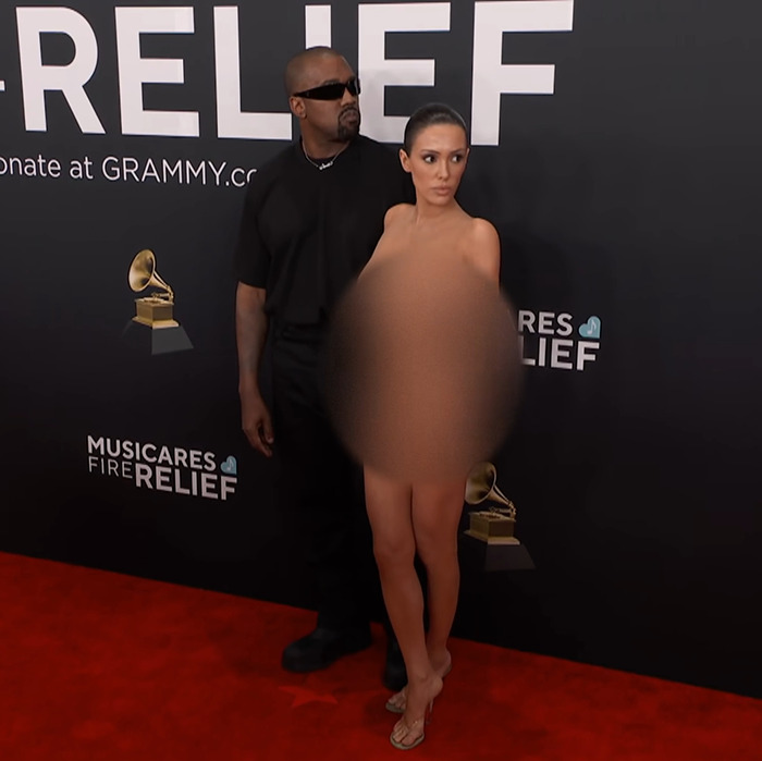 Kanye West and Bianca Censori on the red carpet at a Grammy event. Kanye West and Bianca Censori on the red carpet at a Grammy event.