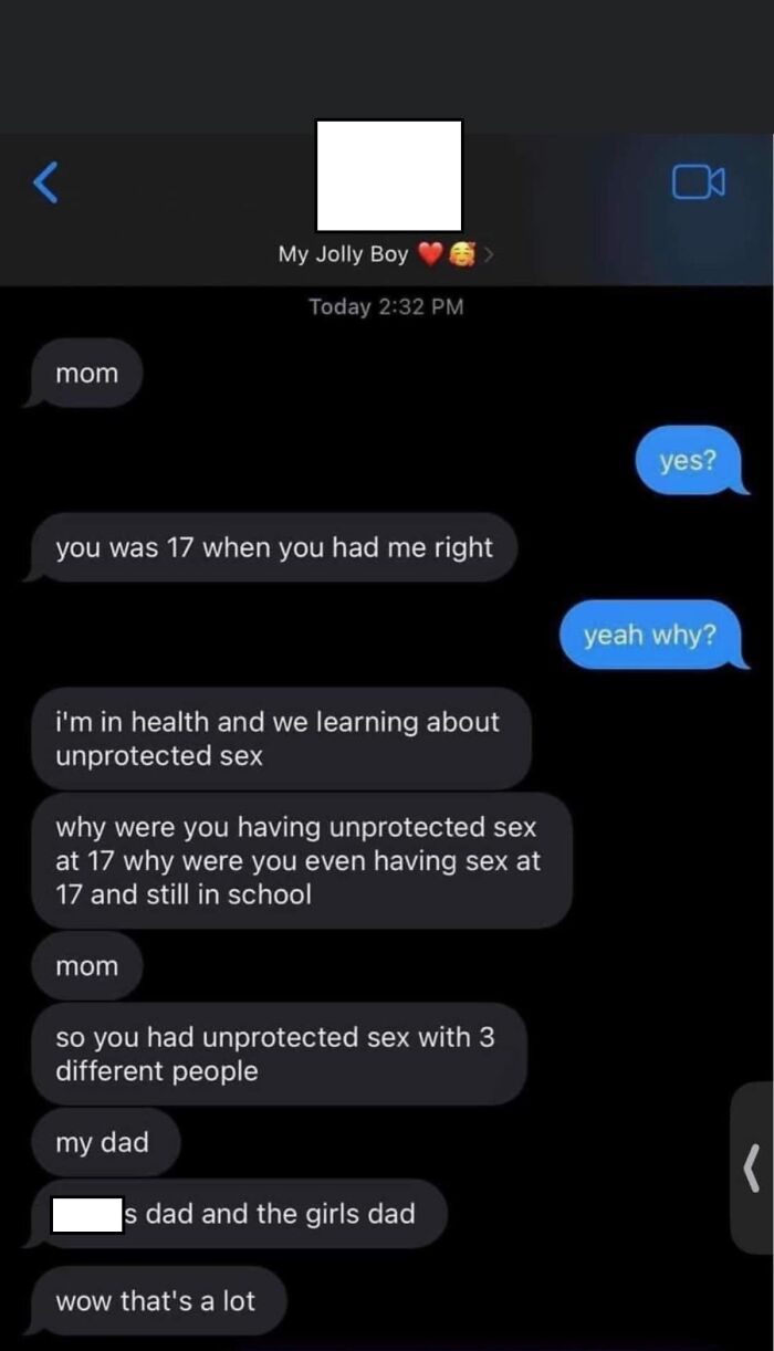 Awkward text exchange between mom and child about unprotected s*x and school life.