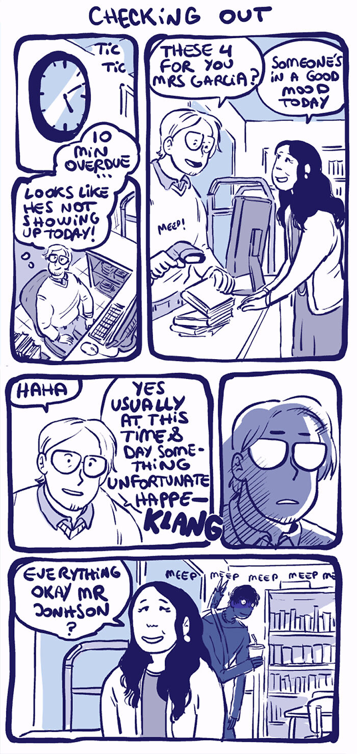 Comic strip featuring Rodney, an unusual character, in a humorous library checkout scene with a librarian and patrons. Comic strip featuring Rodney, an unusual character, in a humorous library checkout scene with a librarian and patrons.