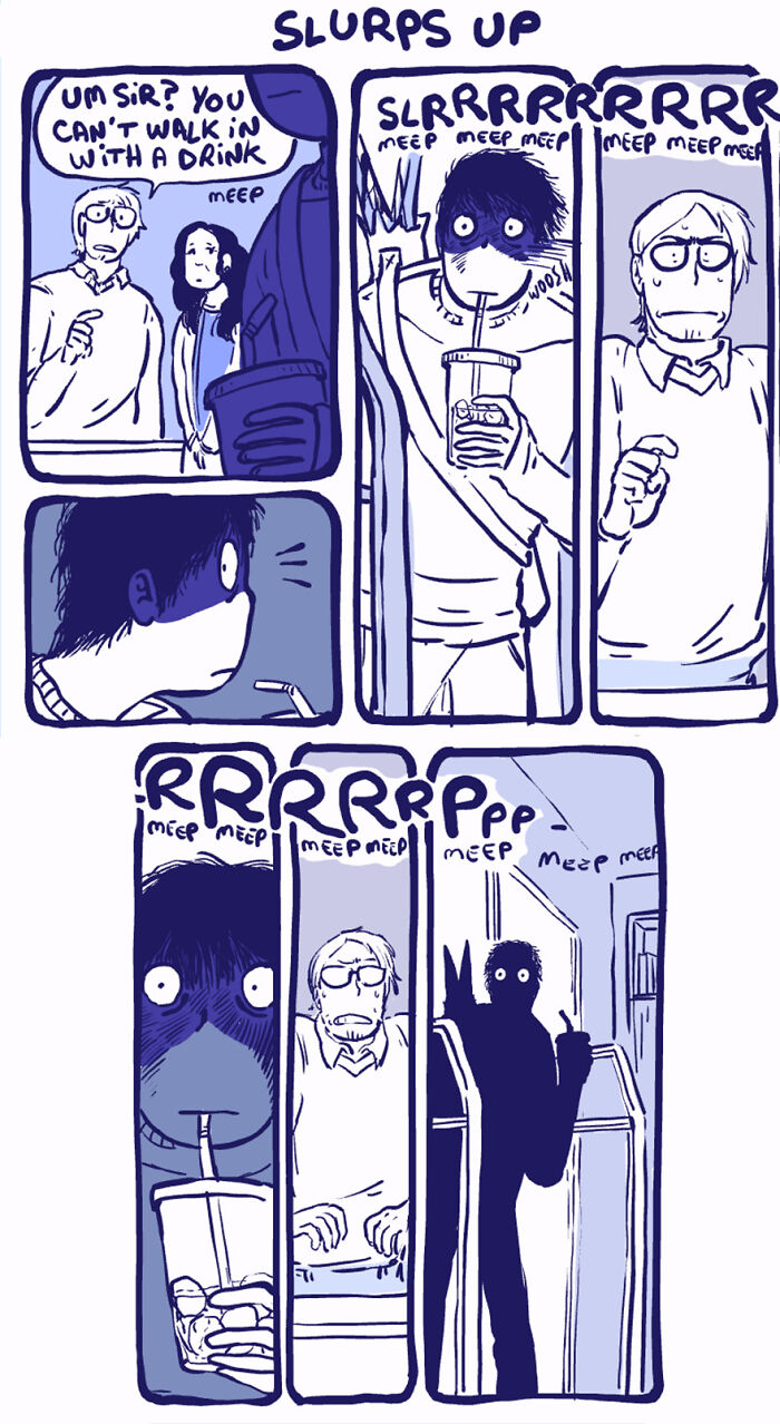 Comic featuring Rodney, an unusual outcast character, sipping a drink while ignoring a sign. Comic featuring Rodney, an unusual outcast character, sipping a drink while ignoring a sign.