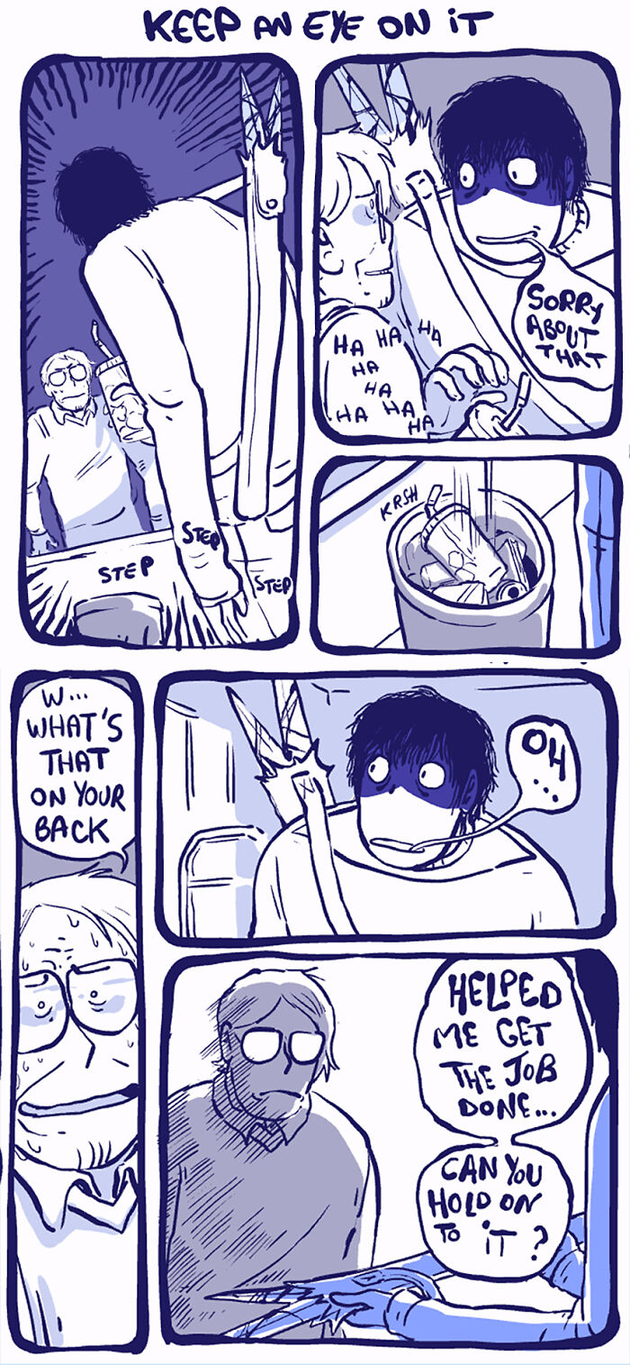 Rodney, an unusual outcast character, humorously interacts in a comic strip with scissors on his back. Rodney, an unusual outcast character, humorously interacts in a comic strip with scissors on his back.