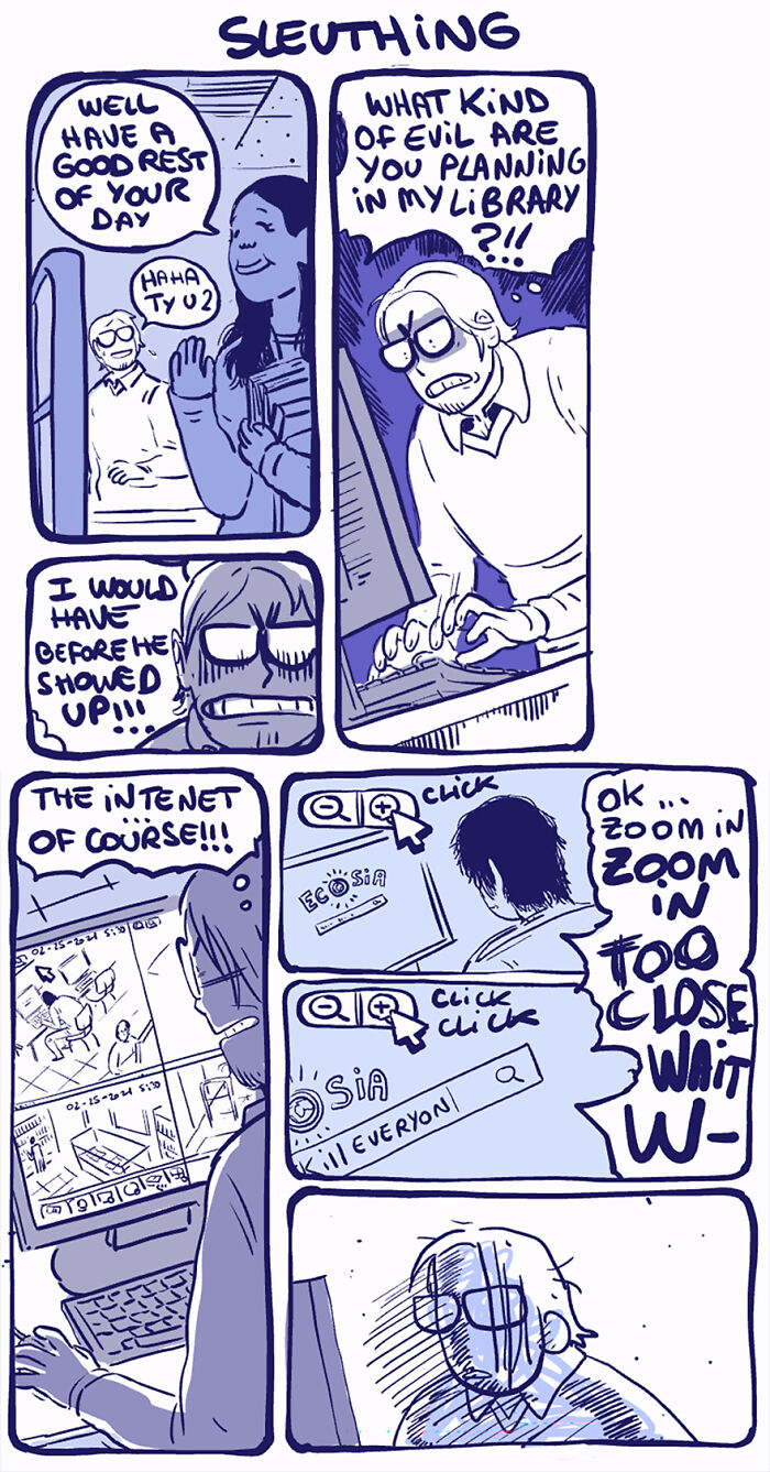 Comic strip featuring Rodney, an unusual outcast character, engaging in a computer investigation at a library. Comic strip featuring Rodney, an unusual outcast character, engaging in a computer investigation at a library.