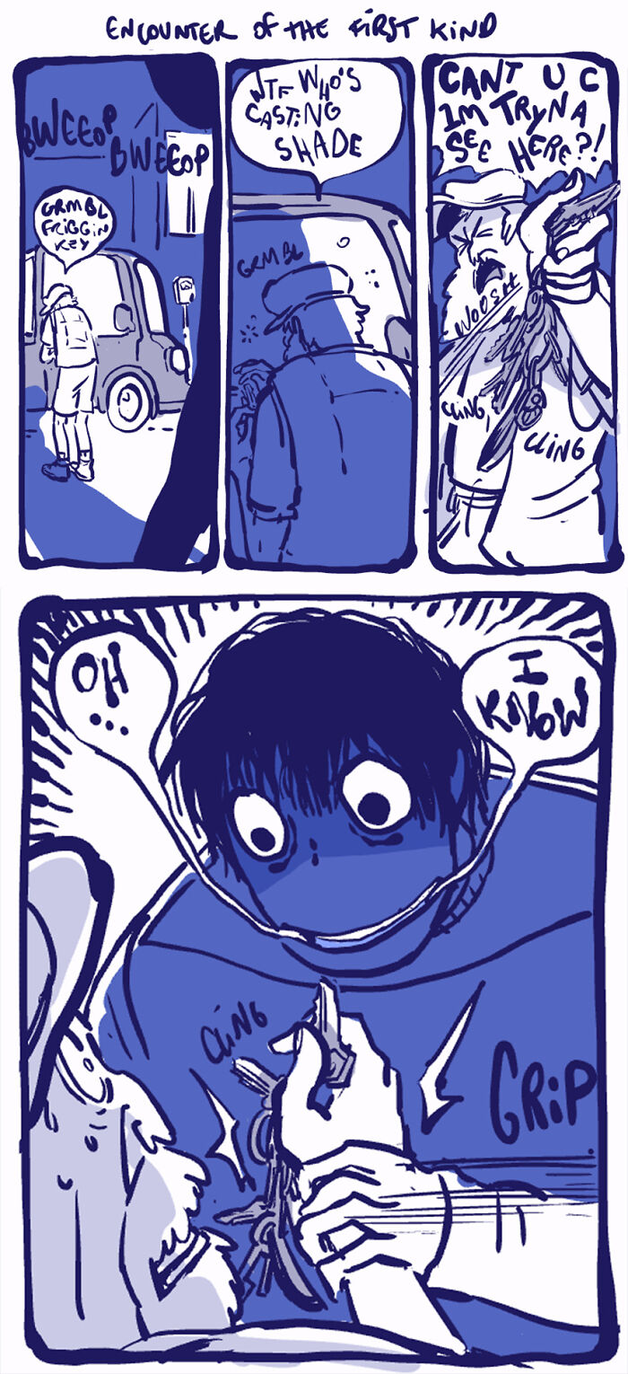 Comic strip featuring Rodney, an unusual character, in a humorous encounter with a frustrated person holding keys. Comic strip featuring Rodney, an unusual character, in a humorous encounter with a frustrated person holding keys.