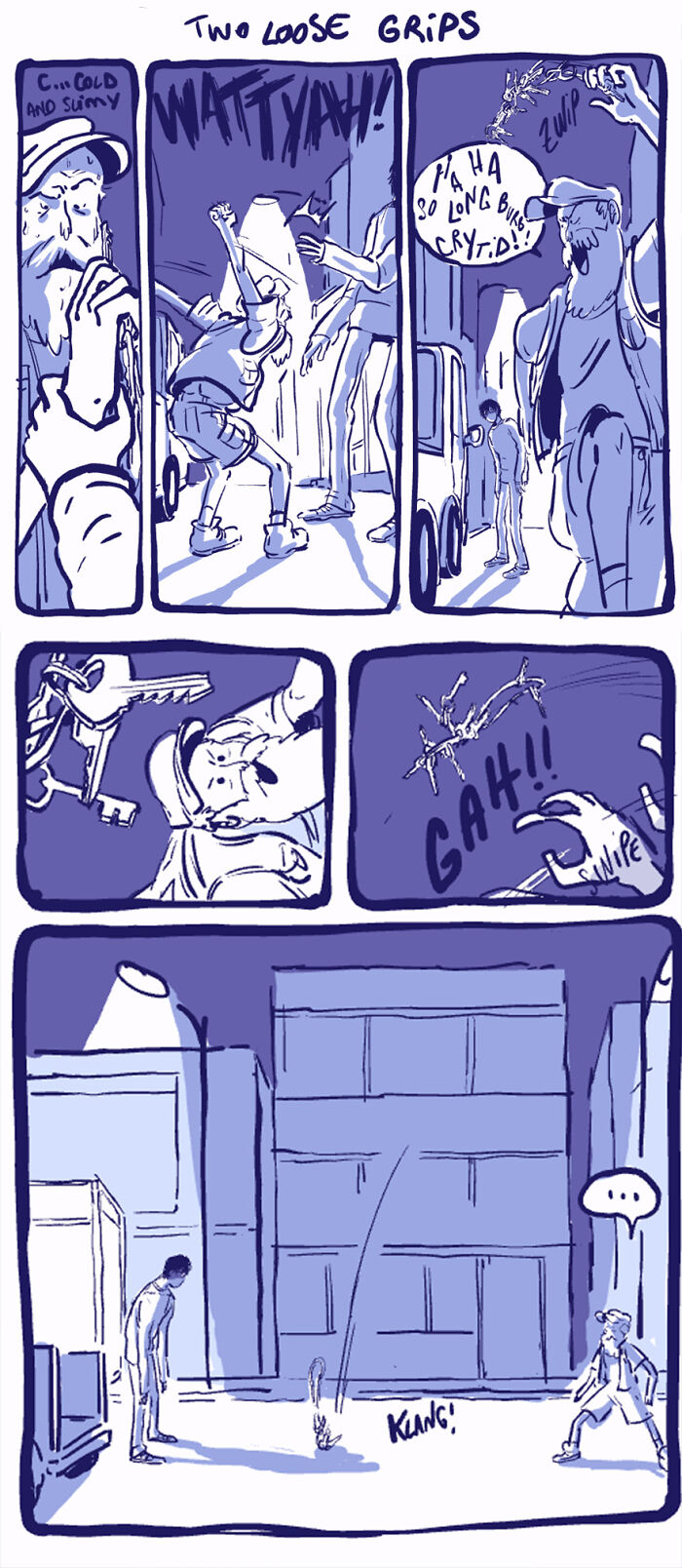 Comic strip featuring Rodney, an unusual outcast character, experiencing an unexpected encounter in a city alley. Comic strip featuring Rodney, an unusual outcast character, experiencing an unexpected encounter in a city alley.