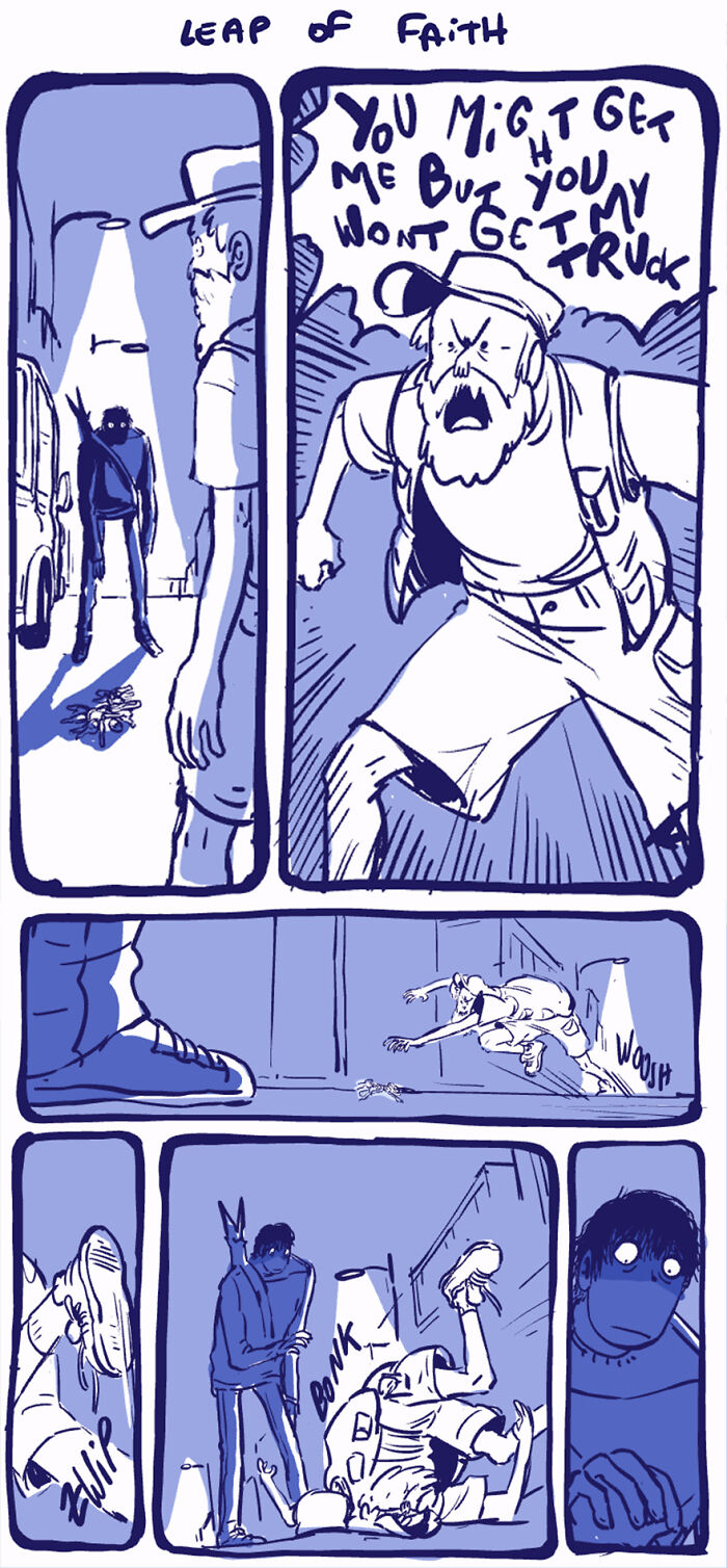 Comic strip featuring Rodney, an unusual, outcast character, in a dramatic encounter with another person. Comic strip featuring Rodney, an unusual, outcast character, in a dramatic encounter with another person.