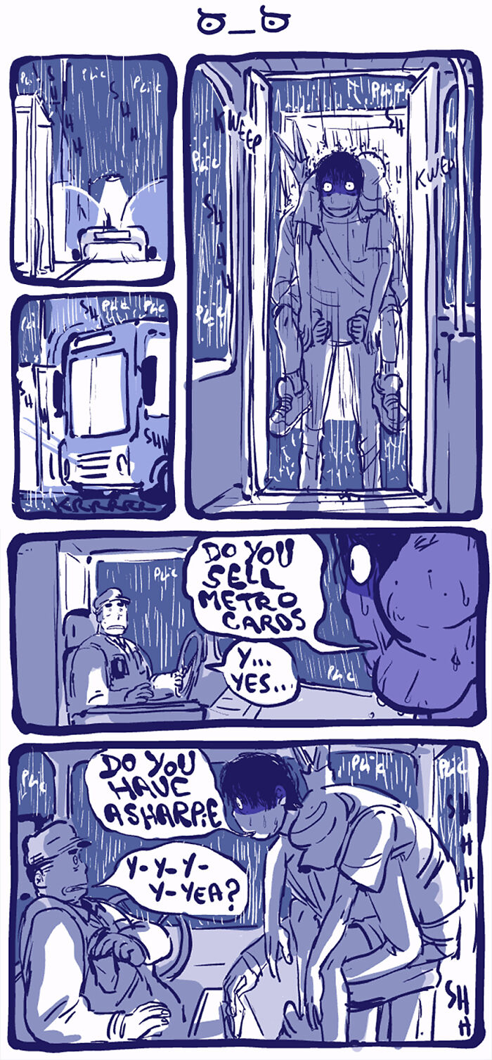 Fun comic featuring the unusual character Rodney in a rainy bus scene, engaging with the driver. Fun comic featuring the unusual character Rodney in a rainy bus scene, engaging with the driver.