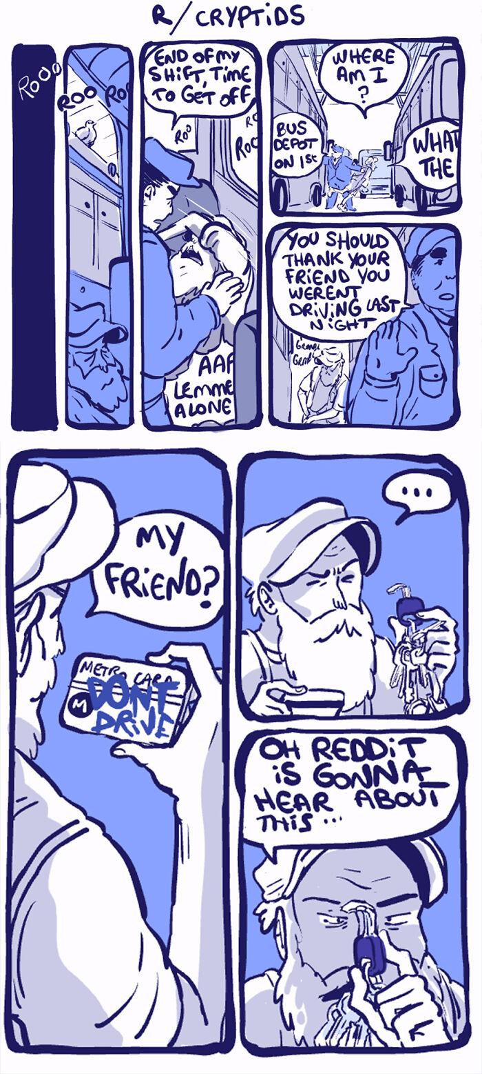 Comic featuring artist's character Rodney on a bus, interacting with a driver, pondering about a friend. Comic featuring artist's character Rodney on a bus, interacting with a driver, pondering about a friend.