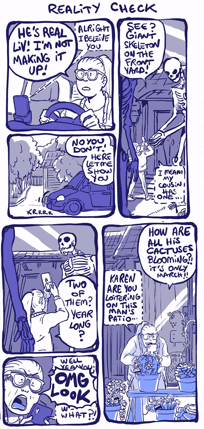 Comic strip featuring Rodney, the unusual character, with a giant skeleton and blooming cactuses. Comic strip featuring Rodney, the unusual character, with a giant skeleton and blooming cactuses.