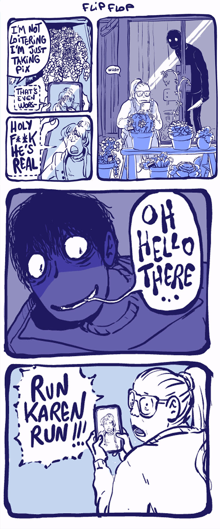 Comic strip featuring the unusual character Rodney surprising a woman taking plant photos. Comic strip featuring the unusual character Rodney surprising a woman taking plant photos.