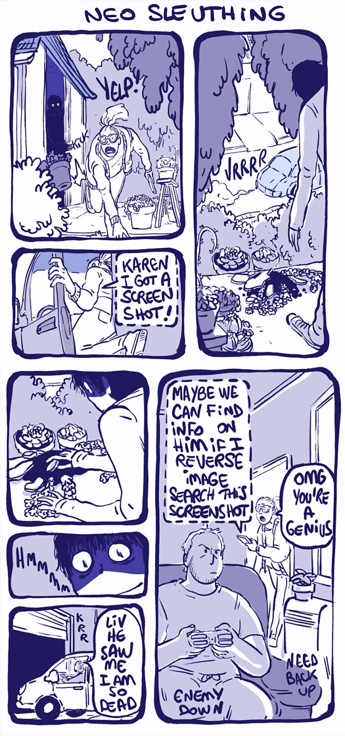 Comic strip featuring Rodney, an unusual character, with humorous and suspenseful scenarios in blue-toned panels. Comic strip featuring Rodney, an unusual character, with humorous and suspenseful scenarios in blue-toned panels.