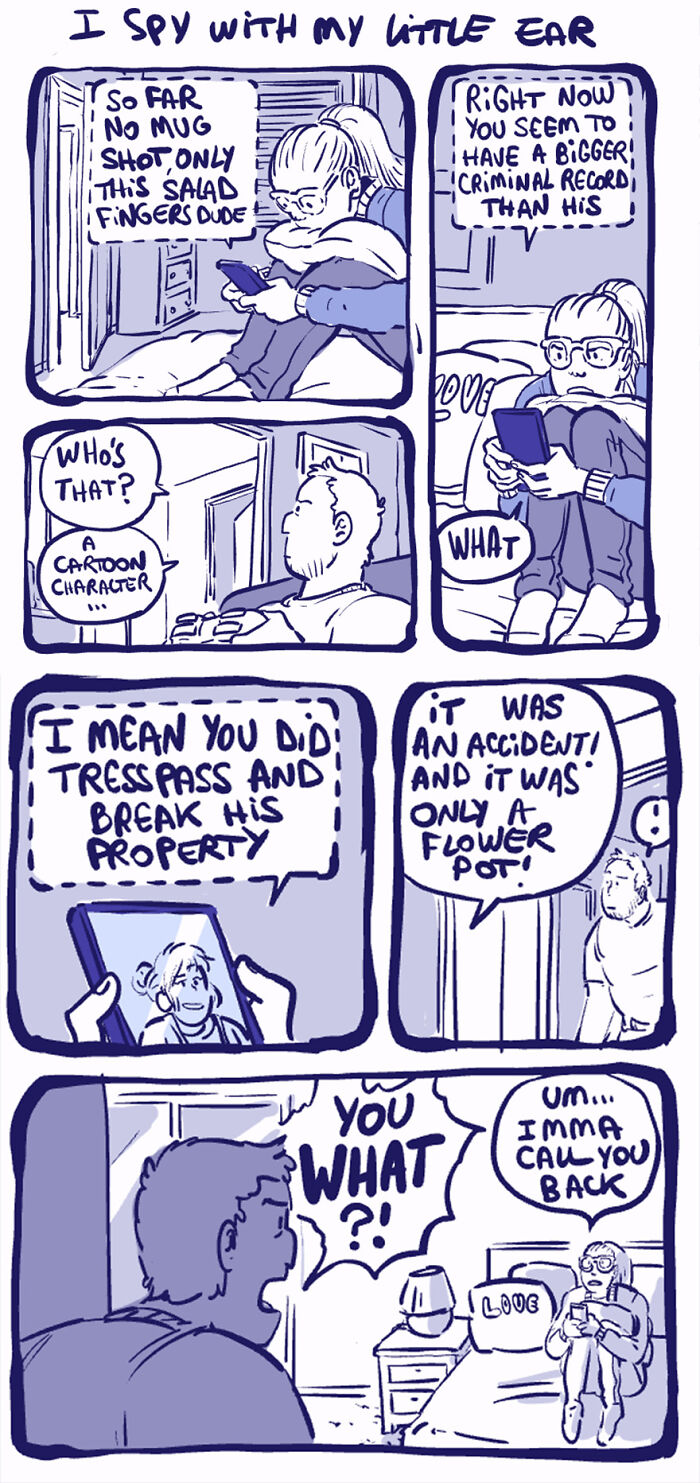 Comic featuring the unusual, outcast character Rodney discussing a criminal record and property damage over a phone call. Comic featuring the unusual, outcast character Rodney discussing a criminal record and property damage over a phone call.