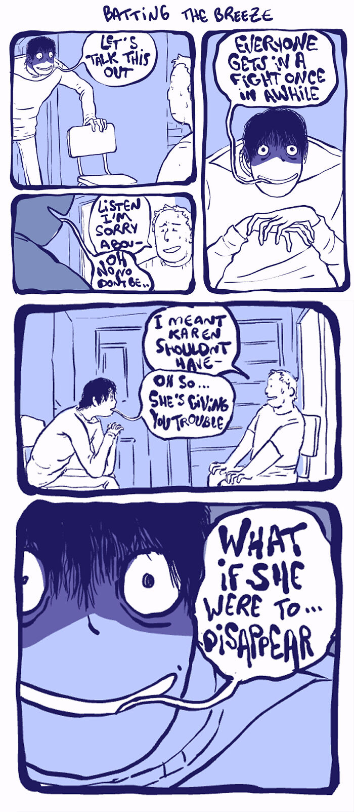 Comic featuring Rodney, an unusual character, discussing a conflict with expressive gestures and dialogue. Comic featuring Rodney, an unusual character, discussing a conflict with expressive gestures and dialogue.