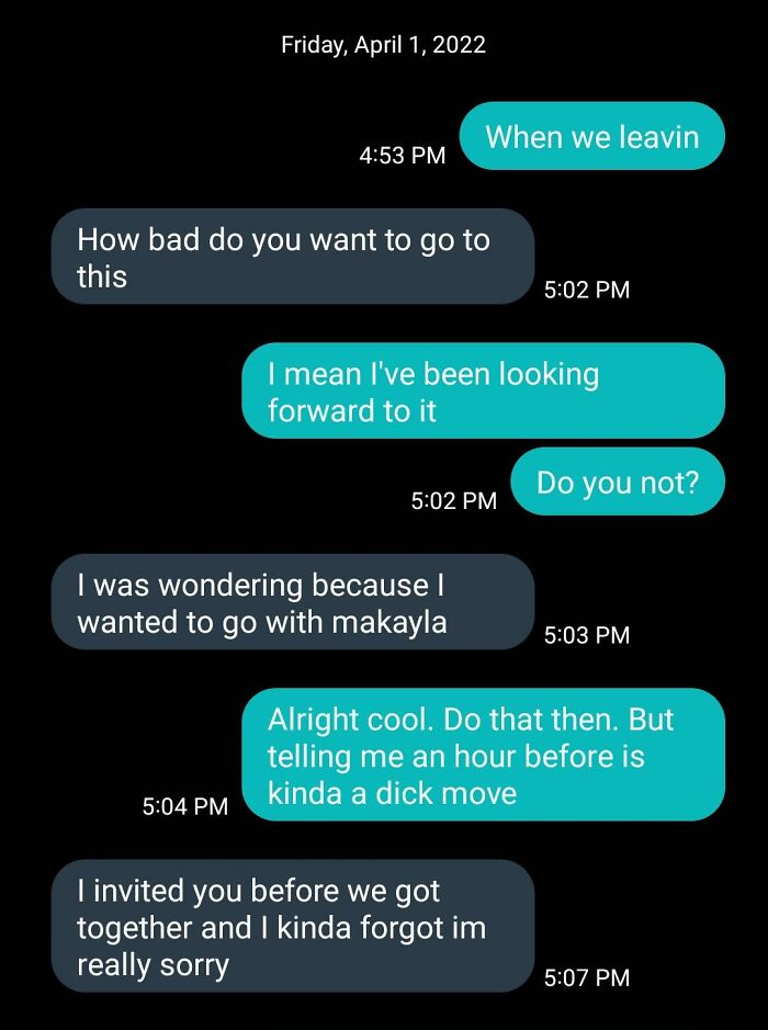 Awkward and confusing text exchange about changing plans last minute.