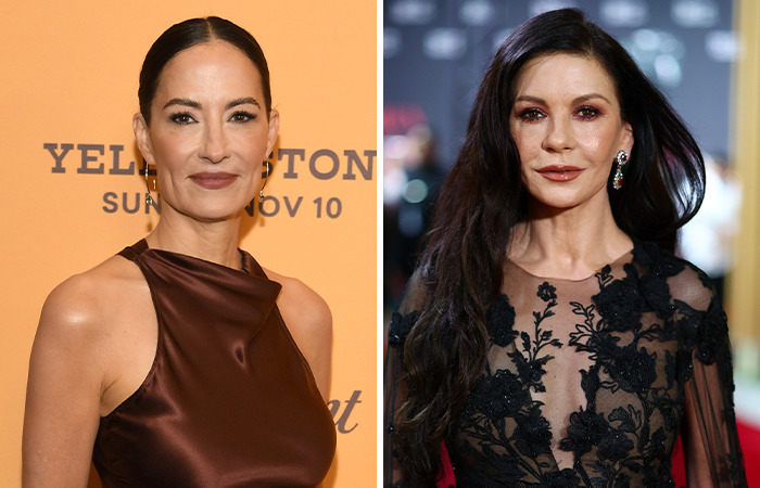 Wendy Moniz and Catherine Zeta-Jones wearing elegant dresses, both the same age, at separate red carpet events.