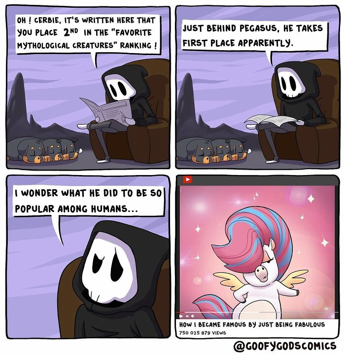 A comic from "Goofy Gods Comics" shows a god reading about mythological creatures, with a video of Pegasus being popular.