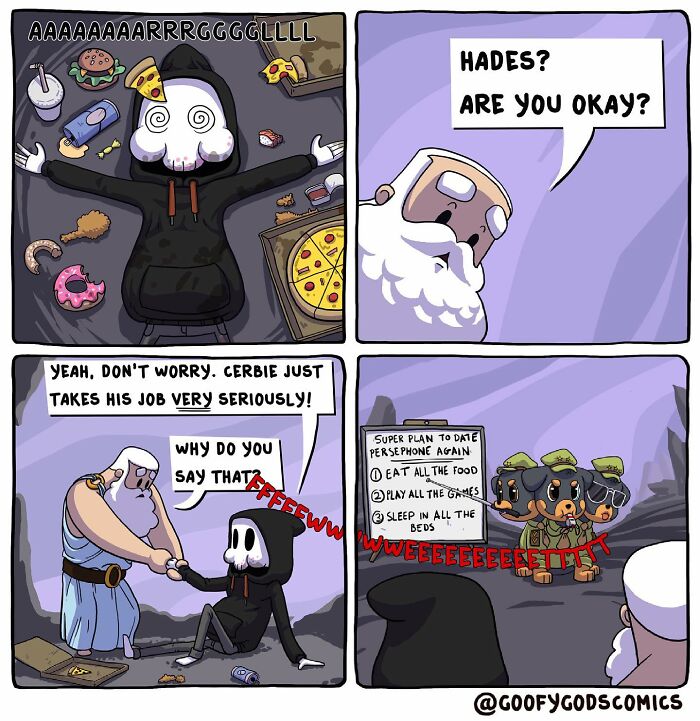 Comic depicting Goofy Gods with Hades overwhelmed by Cerberus guarding a checklist of tasks like eating and sleeping.