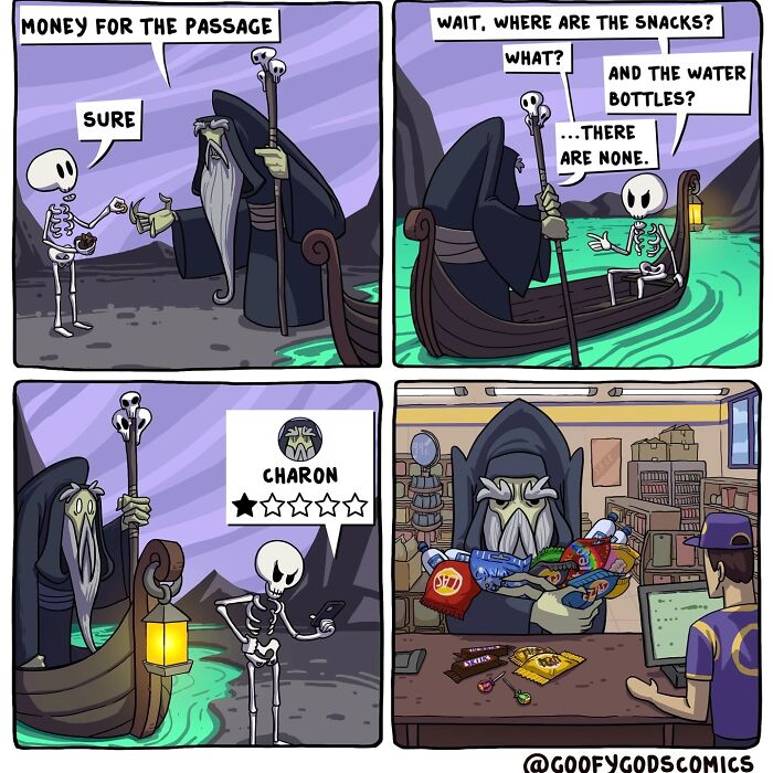 Comic strip of a skeleton rating Charon one star for no snacks, from "Goofy Gods Comics" series.