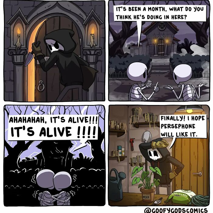 Comic strip from Goofy Gods Comics showing a skeleton and a reaper bringing a plant to life for Persephone.