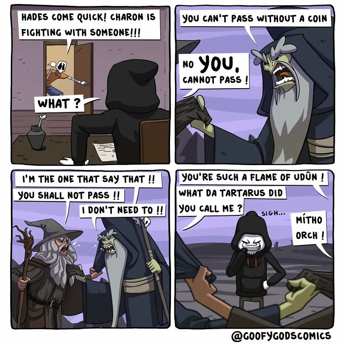 Comic strip from "Goofy Gods Comics" showing gods humorously arguing over passage without a coin.