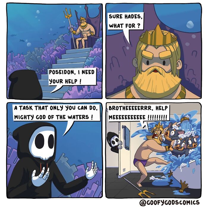 Comic strip from "Goofy Gods Comics" showing Poseidon and Hades dealing with humorous chaos involving fish.