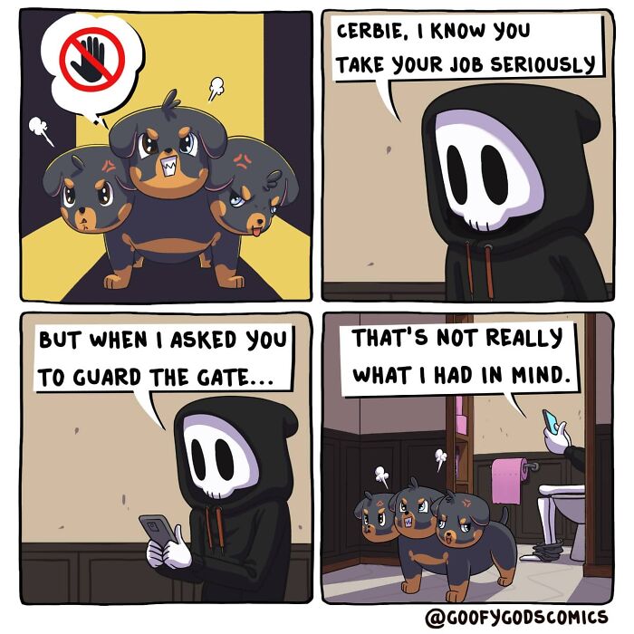 Comic strip featuring Goofy Gods, with a three-headed dog misinterpreting its guardian duties humorously.