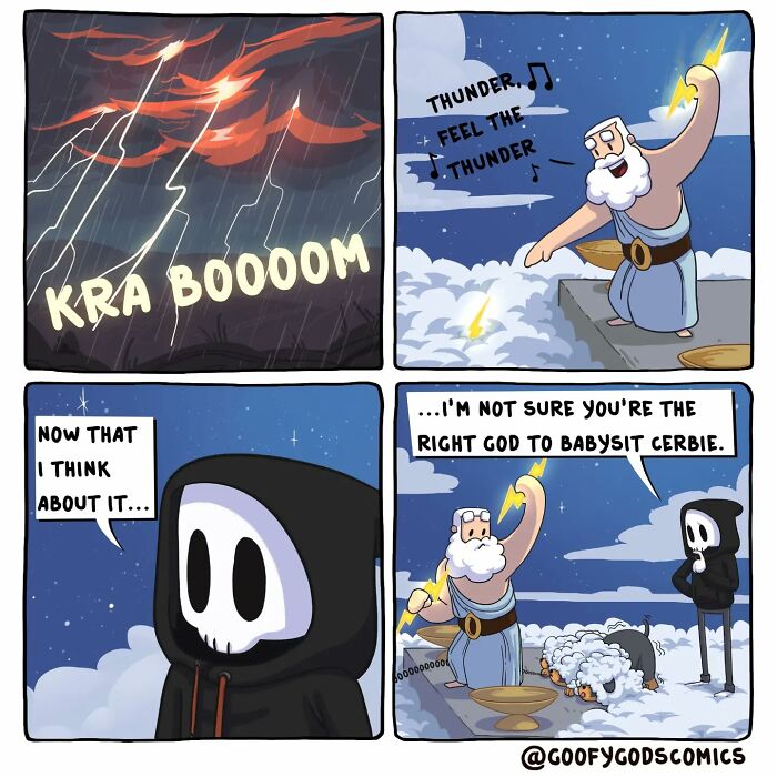 Comic strip of gods dealing with thunder and babysitting issues, featuring "Goofy Gods Comics."