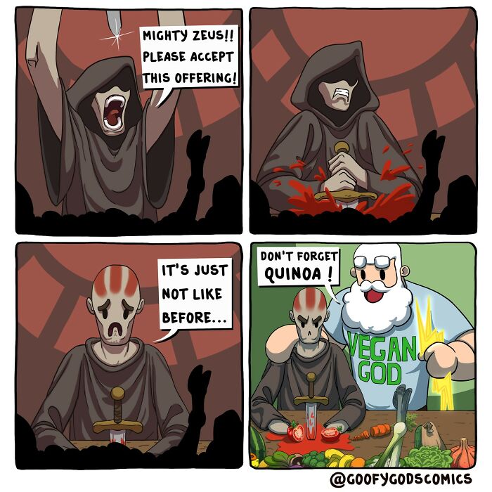 Comic scene from Goofy Gods featuring gods humorously dealing with a modern vegan offering.