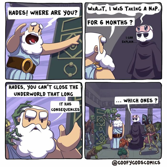 Comic showing gods dealing with everyday issues; Zeus confronts Hades for neglecting duties, leading to chaos. "Goofy Gods Comics."