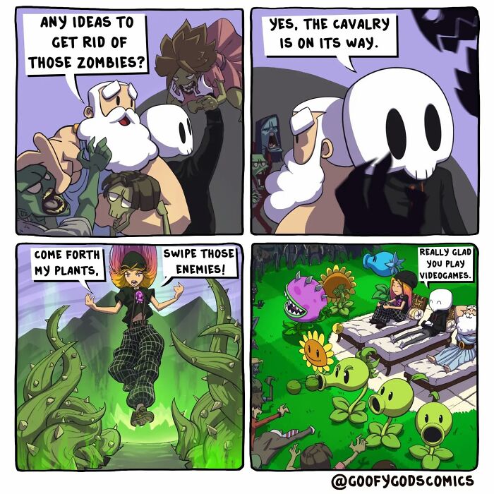 Comic from Goofy Gods about gods using plants to tackle everyday problem of zombies.
