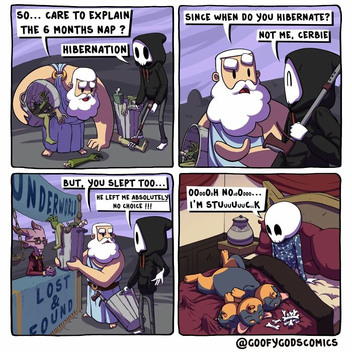 Funny scene from "Goofy Gods Comics" about gods explaining a six-month nap with humorous consequences.