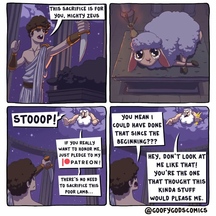 Comic strip from Goofy Gods Comics showing Zeus stopping a lamb sacrifice, suggesting a Patreon pledge instead.