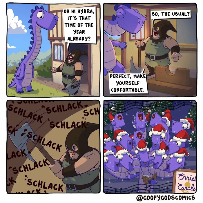 Comic strip of a goofy god interacting with a purple hydra, preparing for holiday festivities.