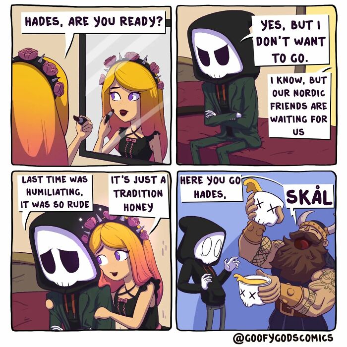 A comic strip featuring Goofy Gods characters discussing an event with Nordic friends and drinking tradition.