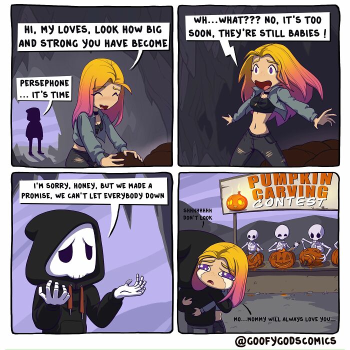 A "Goofy Gods Comics" scene showing Persephone and skeletons at a pumpkin carving contest, blending humor and mythology.
