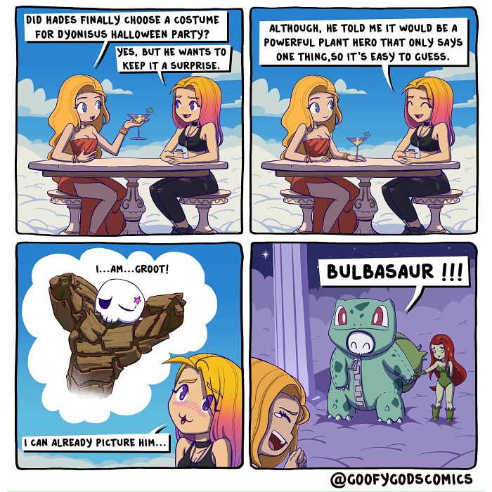 Comic from "Goofy Gods Comics" depicting gods discussing costumes for a Halloween party with humorous twist.