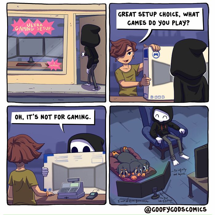 A goofy god uses a gaming setup for watching baby penguins on TV.