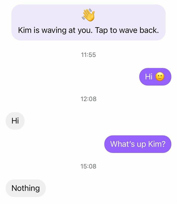 Awkward conversation screenshot showing a wave, with brief, confusing exchanges.