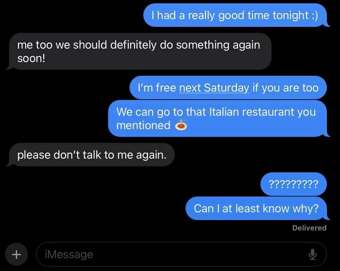 Awkward text exchange with a sudden rejection after a positive conversation about plans.