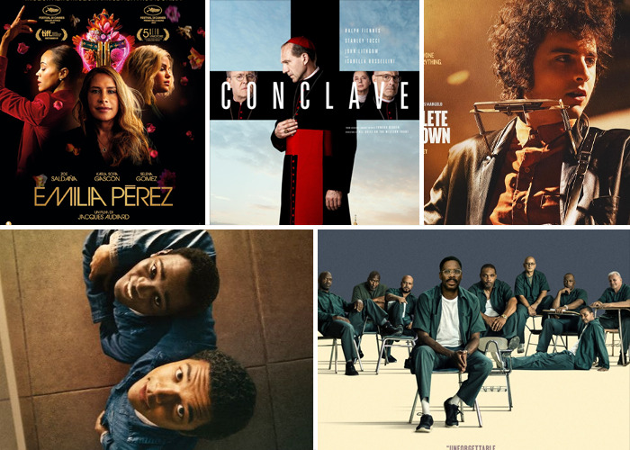 Movie posters collage for predicting Oscar winners 2025, featuring dramatic and diverse film themes and characters.