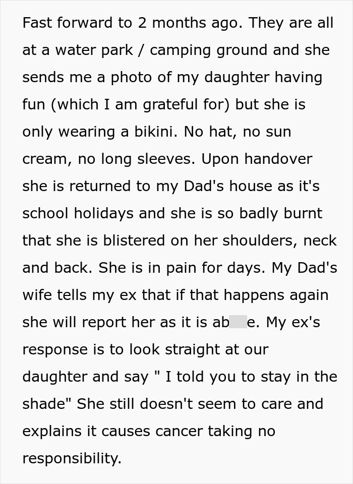 Text discussing concerns over sunscreen and cancer, with daughter sunburned at water park.