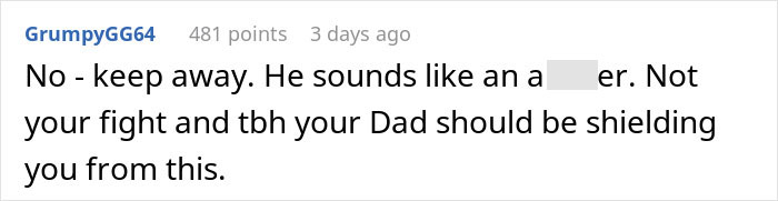 Reddit comment discussing a teen babysitting dad's girlfriend's kids and related issues. Reddit comment discussing a teen babysitting dad's girlfriend's kids and related issues.